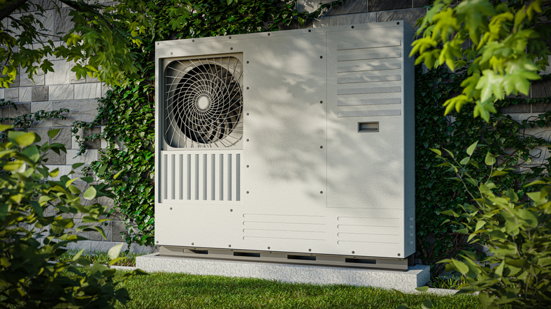 A heat pump against a wall covered with ivy. 3d render showing renewable energy sources. A heat pump against a wall covered with ivy. 3d render showing renewable energy sources.