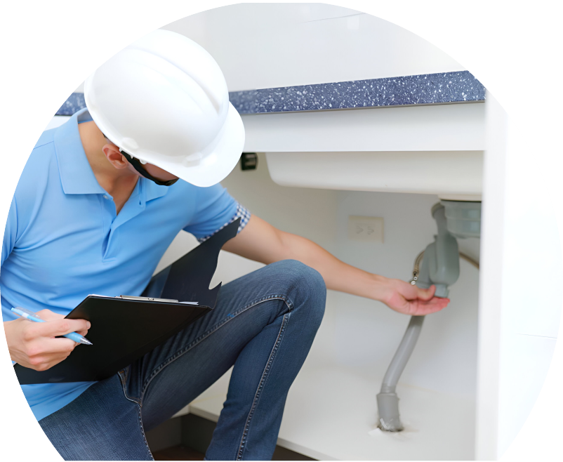The Comfort Group plumbing specialist wearing a white hard hat, blue polo, and jeans, holding a clipboard while inspecting pipes under a sink for a water leak detection check.
