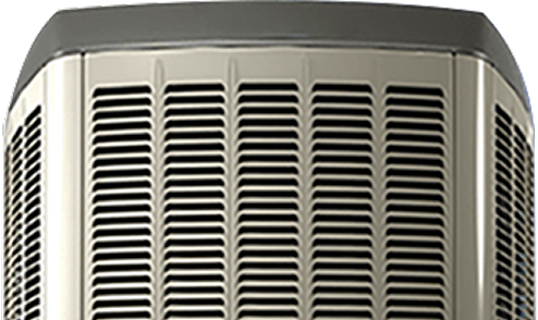 Front view of a The Comfort Group HVAC condenser unit with a metallic grille design, shown isolated on a transparent background.