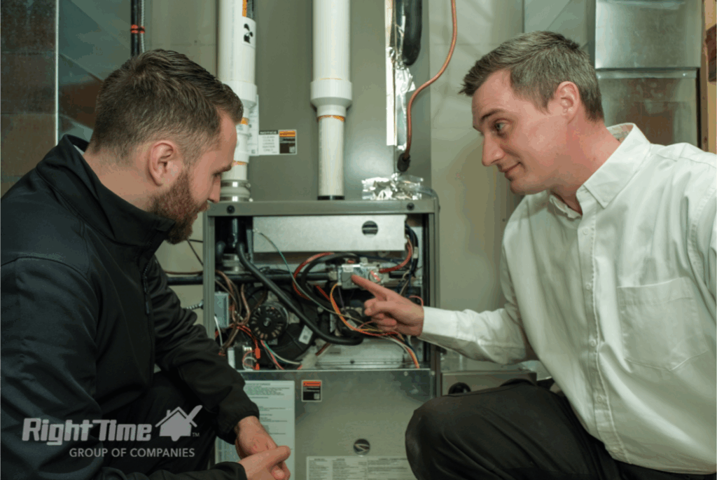 Two HVAC technicians on Vancouver Island inspecting a gas furnace for gas smell when starting up, with tools and diagnostic equipment visible