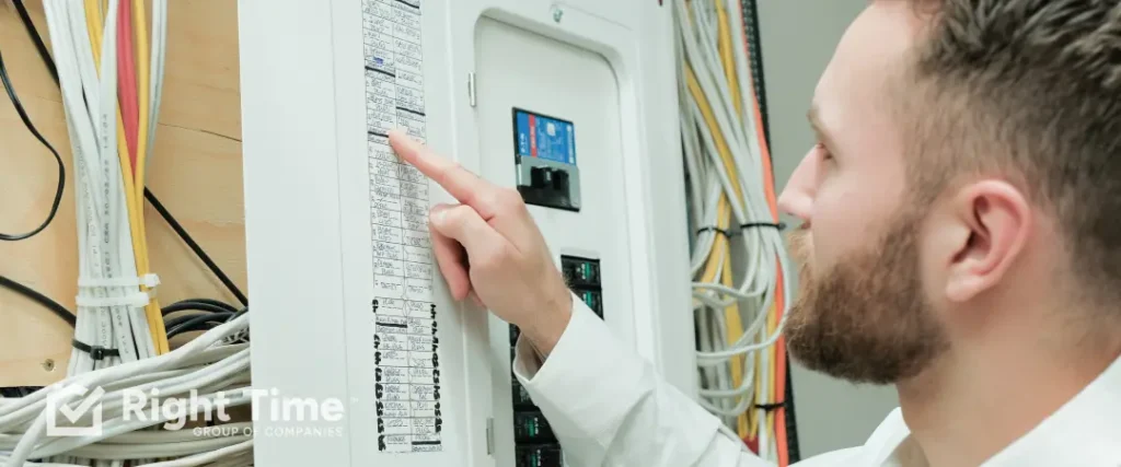 Licensed electrician inspecting a home’s main electrical panel to support whole-home surge protection.